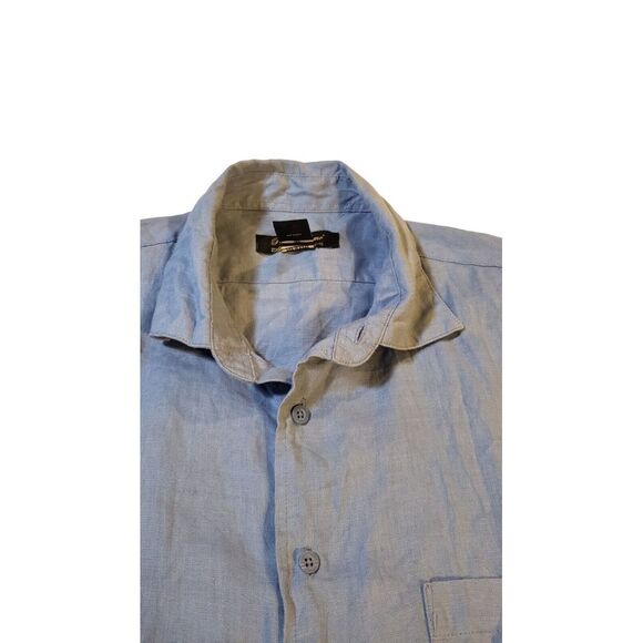 Pronto Uomo 100% Linen Short Sleeve  Button Down Shirt Blue Size L Designer - Picture 7 of 15